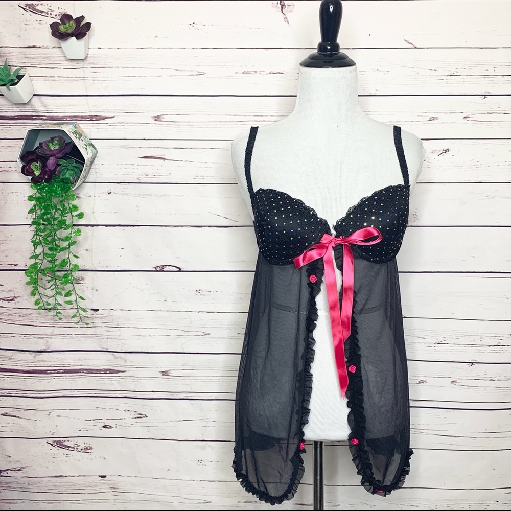 Inner Secret Black & Pink Sequin & Rosettes Teddy Lingerie Size Medium